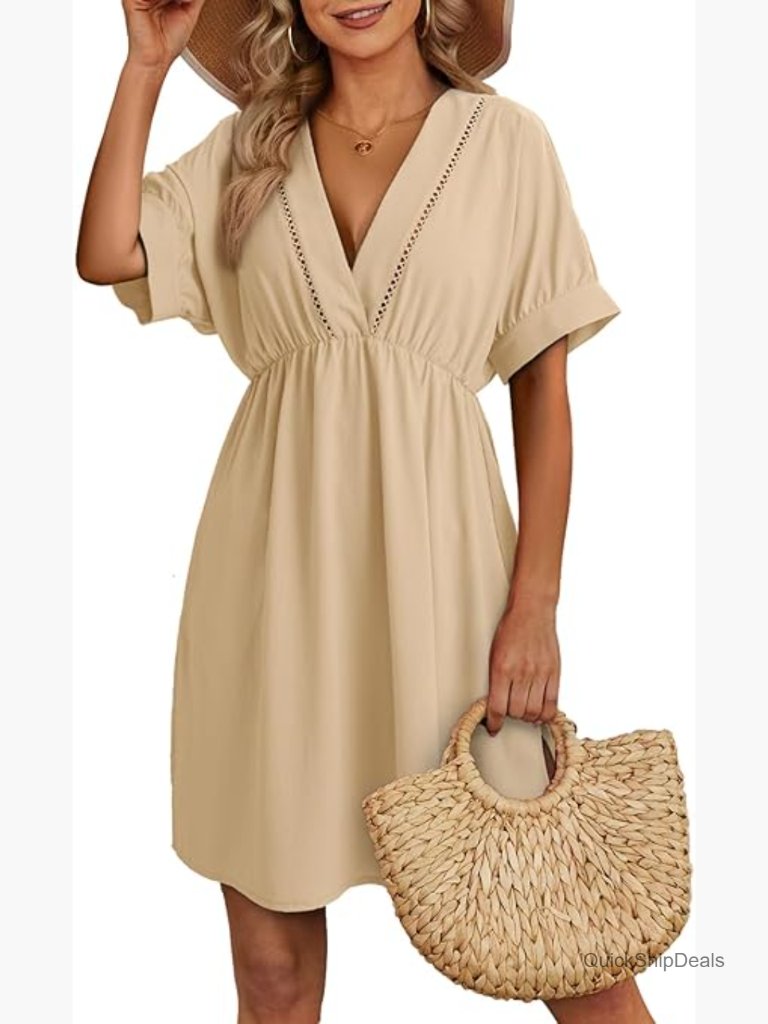 Hollow Out V Neck Short Sleeve Swimsuit Cover Up Dress